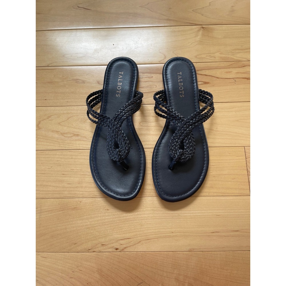 Talbots Navy Blue Braided T-Strap Flat Thong Sandals Womens 8M